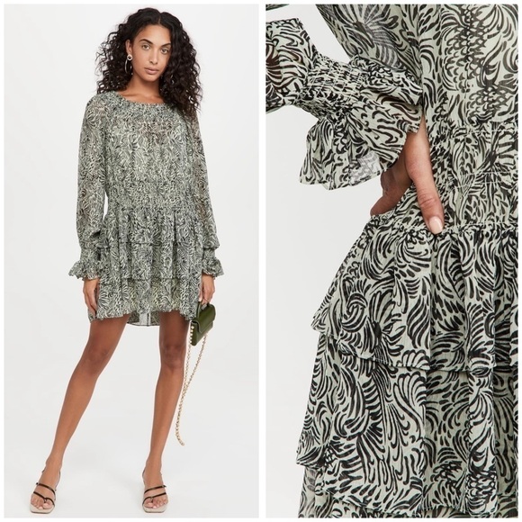 Cinq a Sept Janelle Tiered Long Sleeve Chiffon Boho Dress Mini Mint Black Sz 8 - Picture 1 of 13